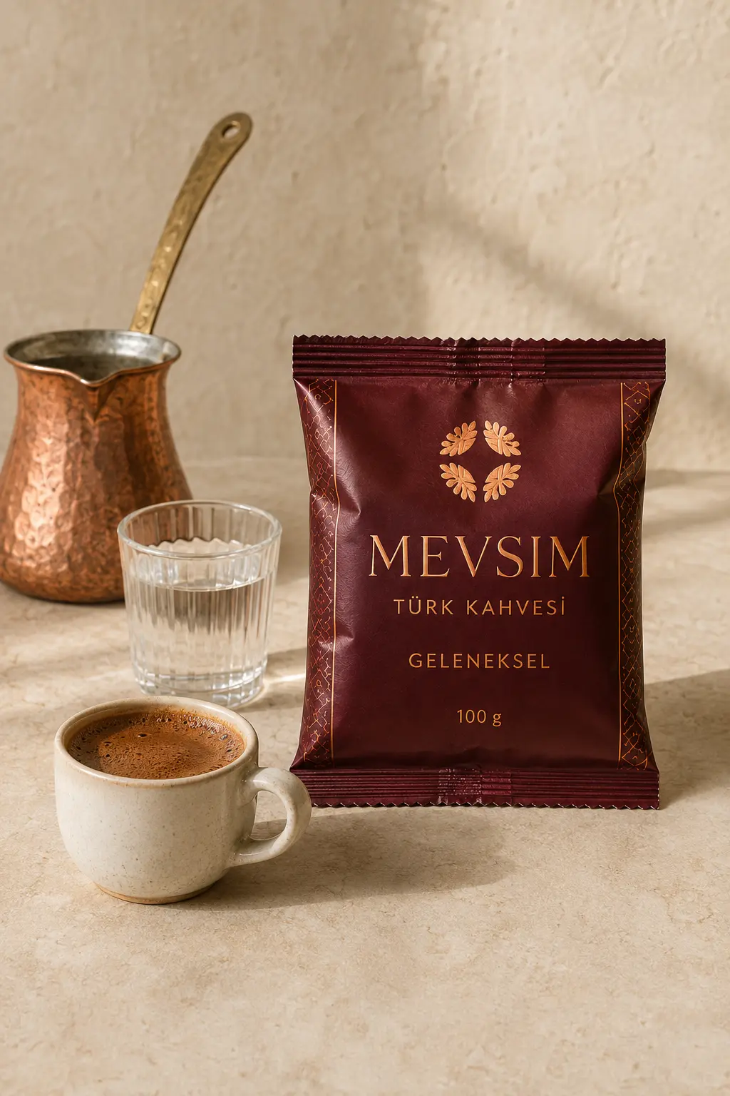 Bordeauxrode verpakking MEVSIM Geleneksel Turkse koffie 100 gram