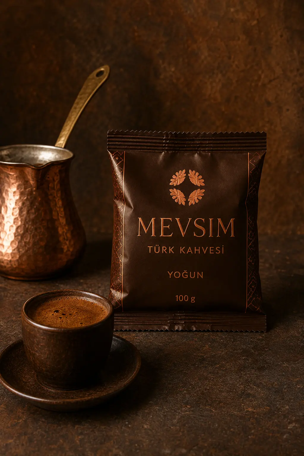 Donkerbruine verpakking MEVSIM Yoğun Turkse koffie 100 gram