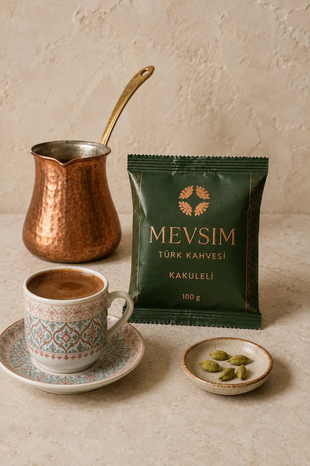 Groene verpakking MEVSIM Kakuleli Turkse koffie met kardemom 100 gram