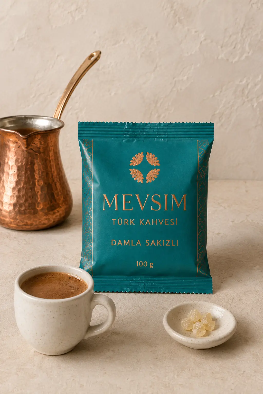 Turquoise verpakking MEVSIM Damla Sakızlı Turkse koffie met mastiek 100 gram