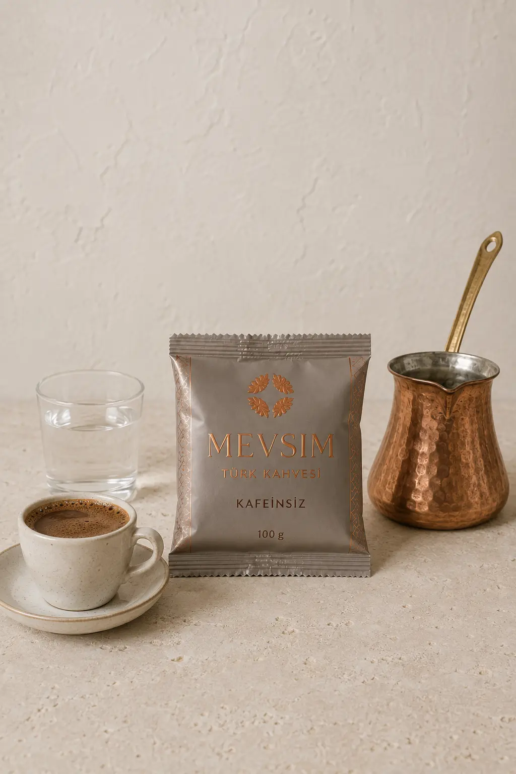 Lichtgrijze verpakking MEVSIM Kafeinsiz cafeïnevrije Turkse koffie 100 gram