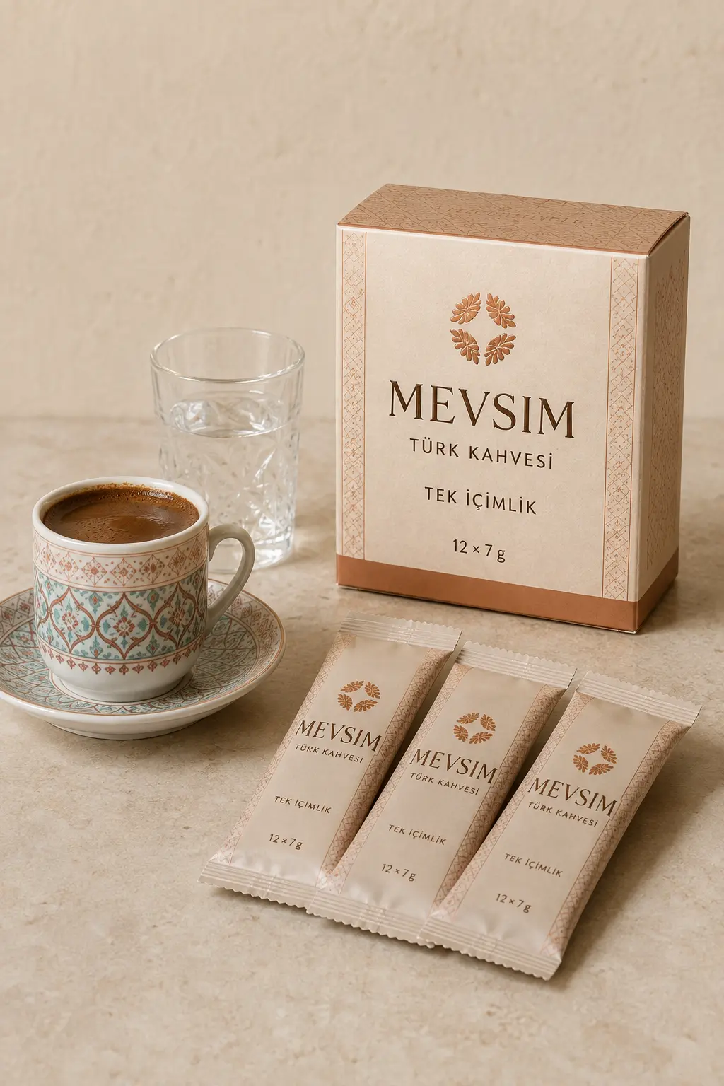 Crèmekleurige doos MEVSIM Tek İçimlik met twaalf porties Turkse koffie