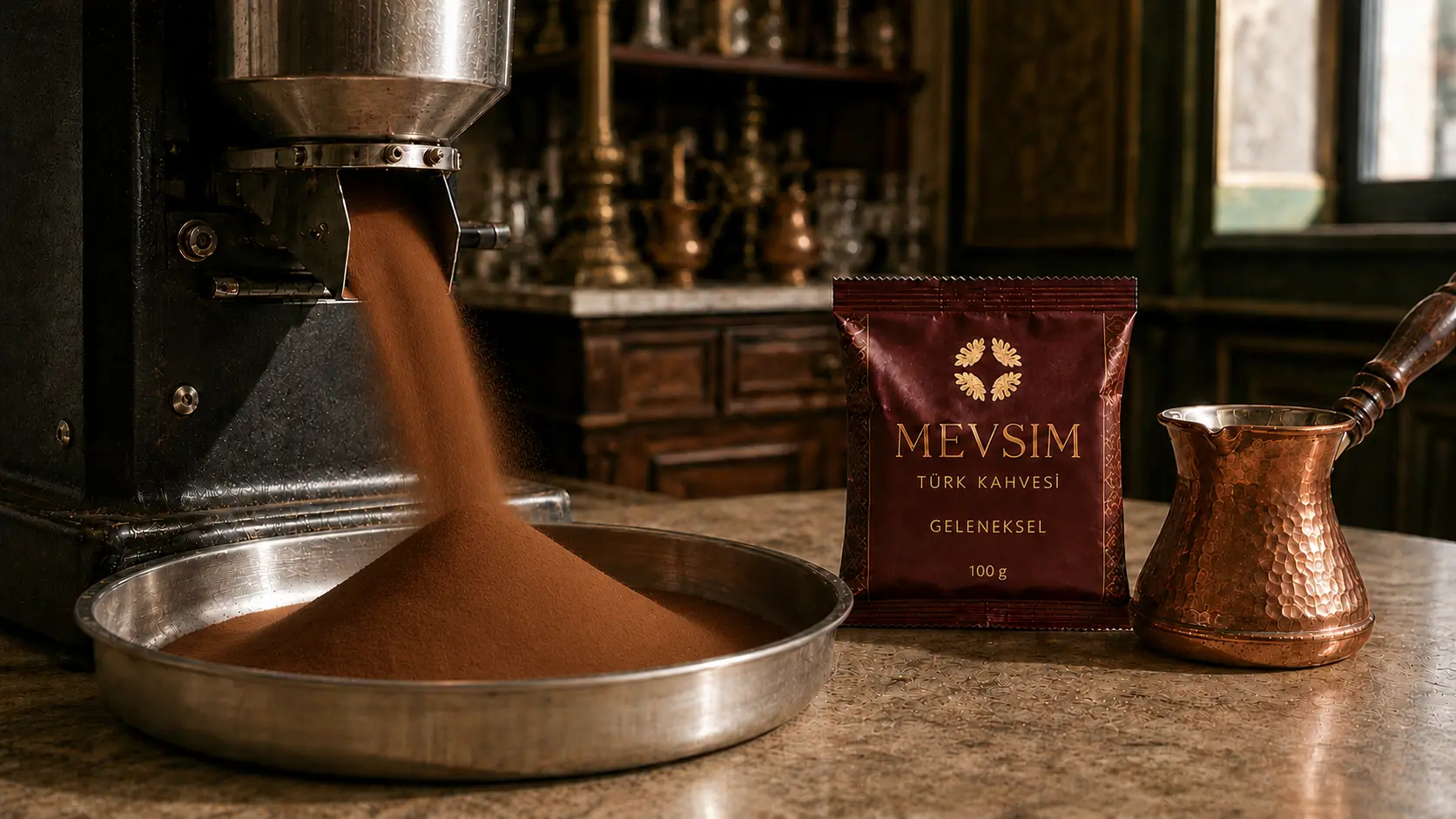 Poederfijn gemalen Turkse koffie bij een professionele molen, MEVSIM-verpakking en koperen cezve