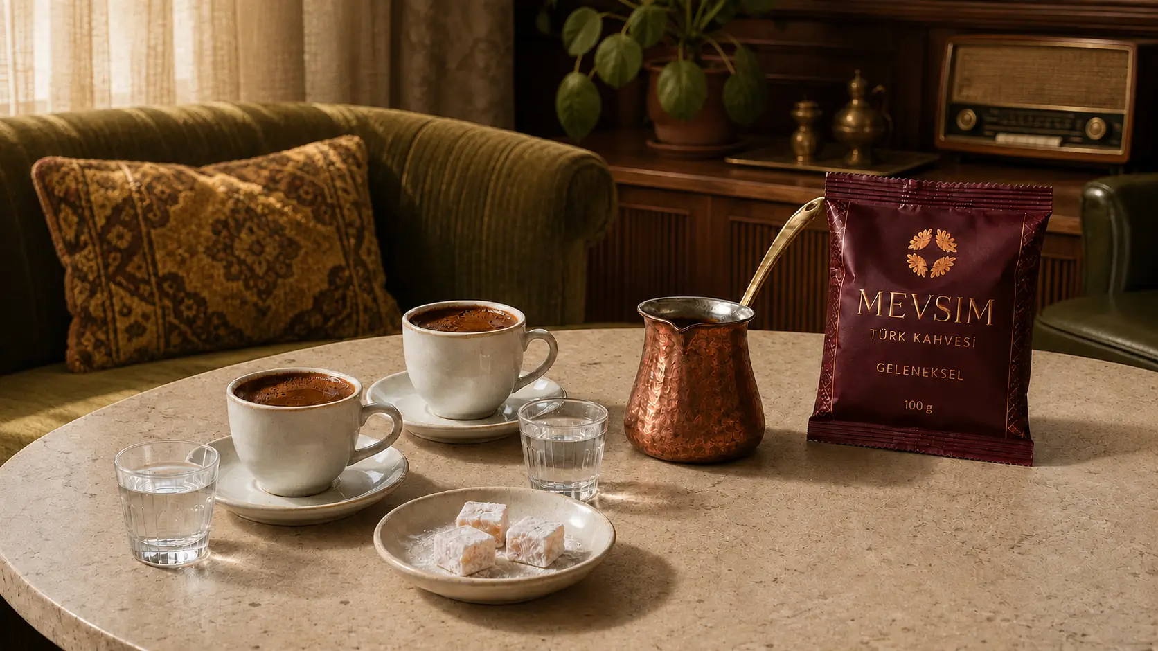 Twee kopjes Turkse koffie, lokum, water, een koperen cezve en MEVSIM-koffie in een retro interieur