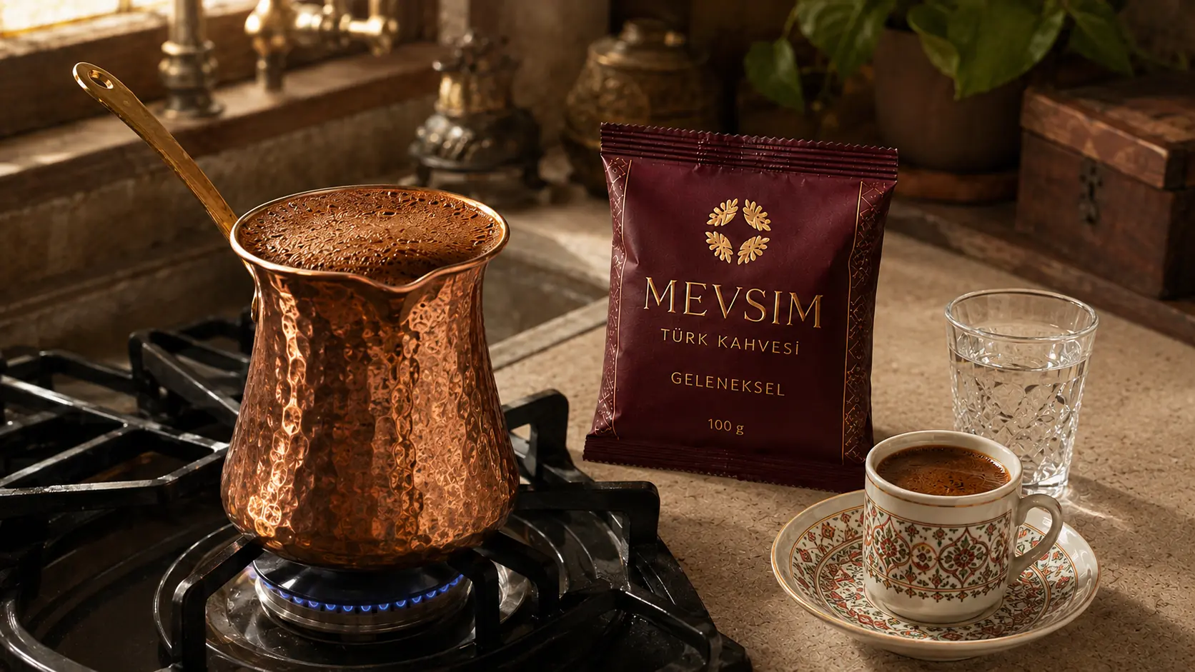 Turkse koffie die langzaam in een koperen cezve wordt bereid